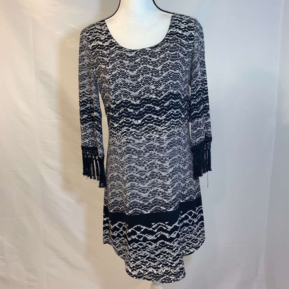 Karen Kane  Citrus Twist Black Wavy Crepe Fringe Dress Women's Size Small New